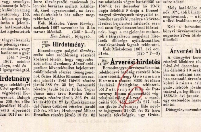 Egy árverési hirdetés Borsodból 1867-ből